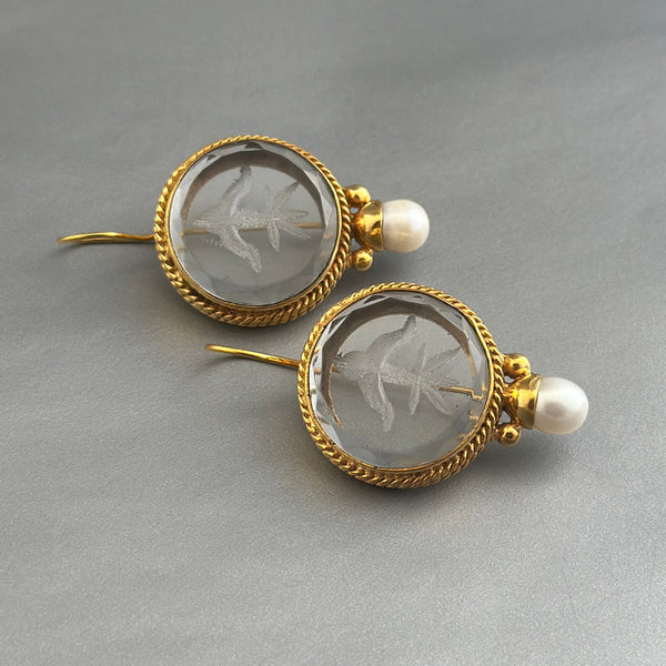 Intaglio Crystal Earrings, Art Nouveau Pearl Drops, Gold