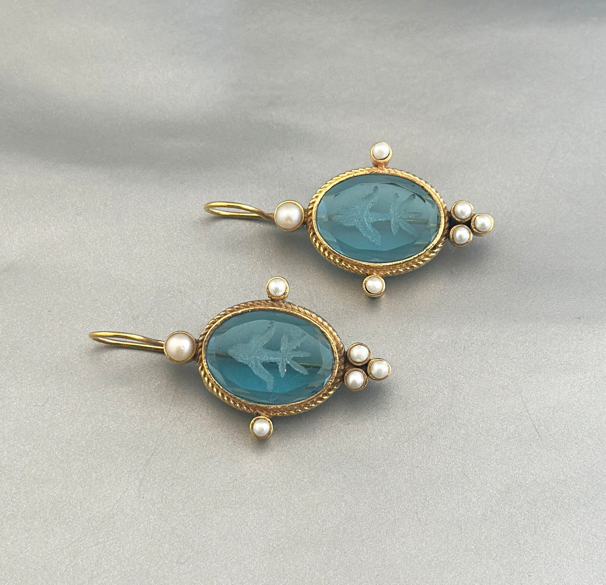 Blue Glass Intaglio Earrings, Victorian Style, 18K Gold Brass with Pearls, photo 7