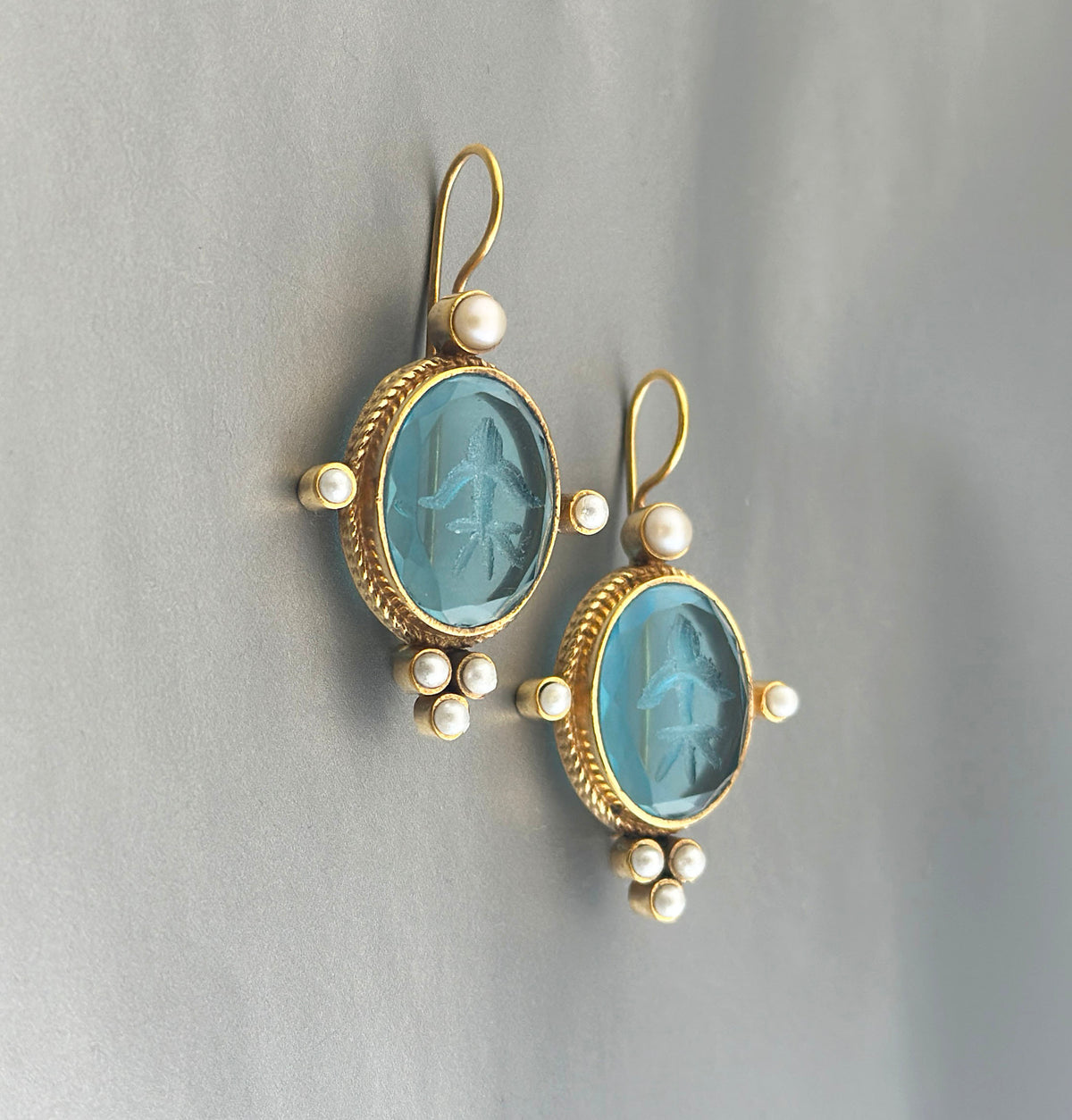 Blue Glass Intaglio Earrings, Victorian Style, 18K Gold Brass with Pearls, photo 5