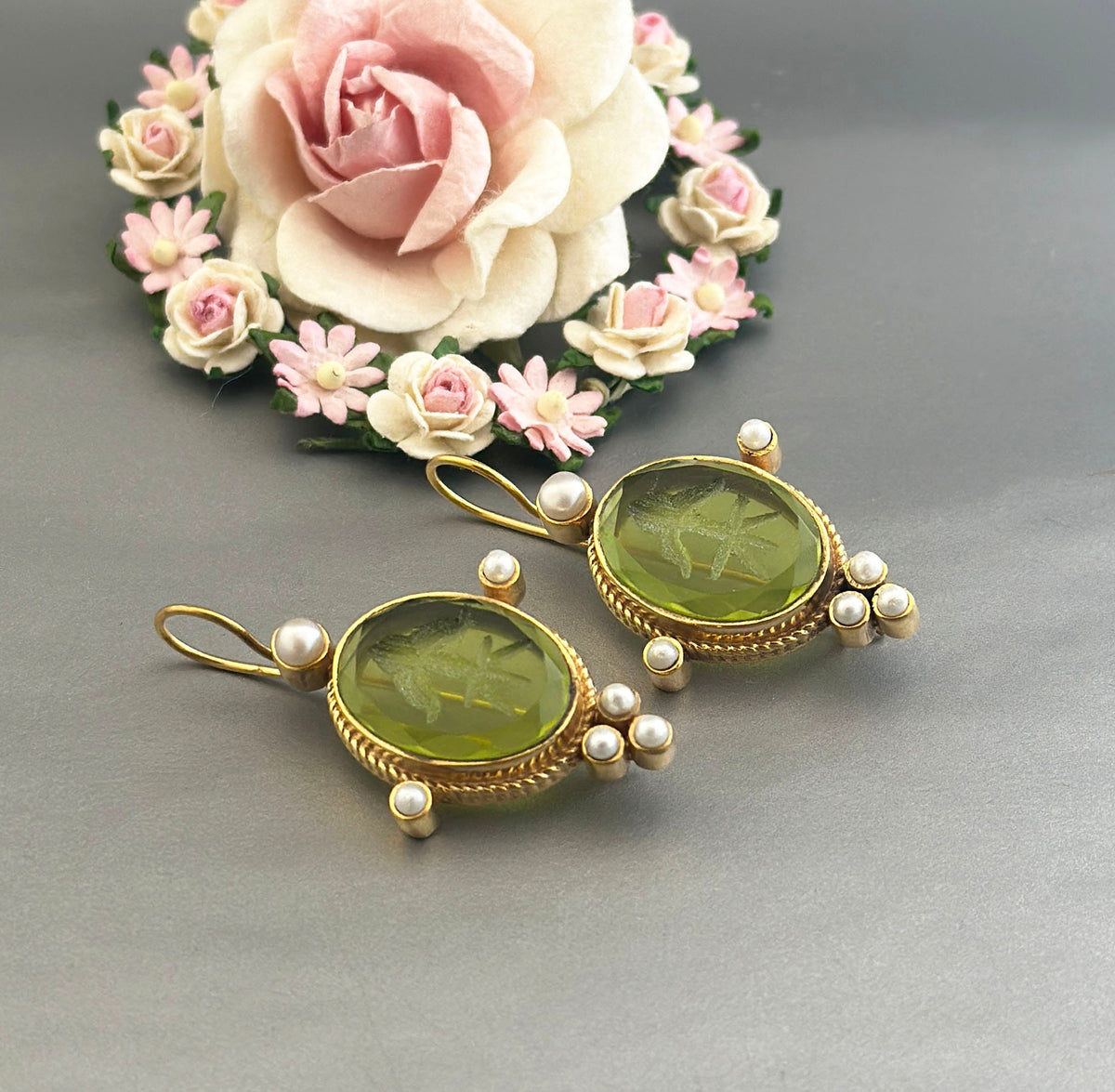 Green Intaglio Earrings, Victorian Style, Dainty Gold
