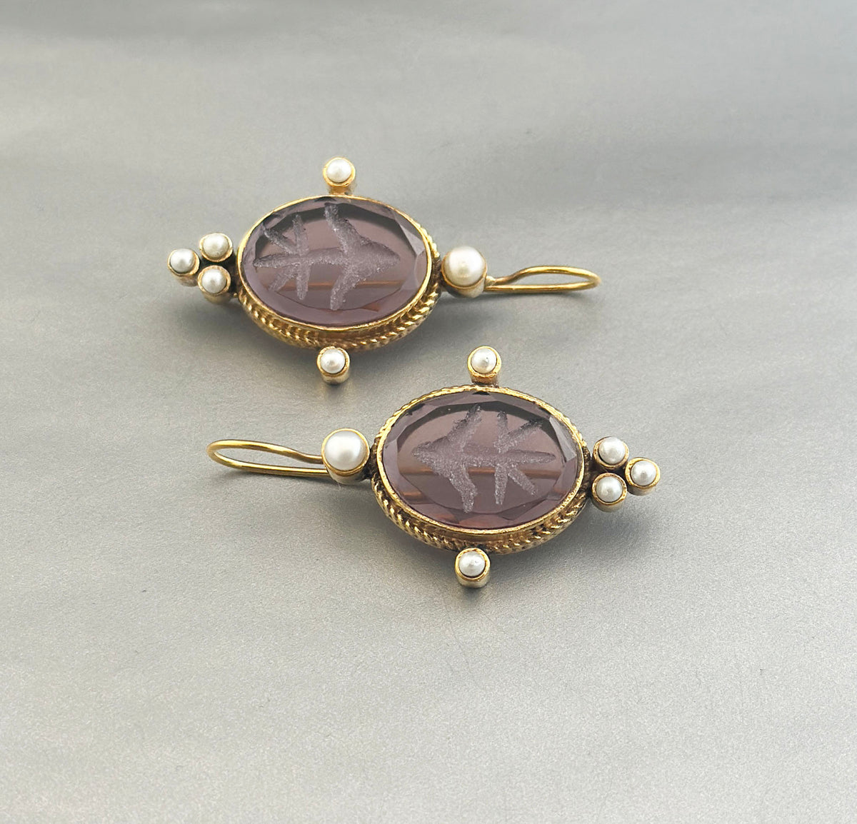 Amethyst Intaglio Earrings, Victorian Bridal Pearl Drops, photo 2