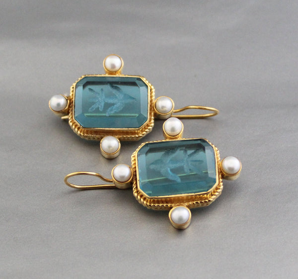 Blue Rectangular Intaglio Earrings, Victorian Bridal Style, Gold Plated