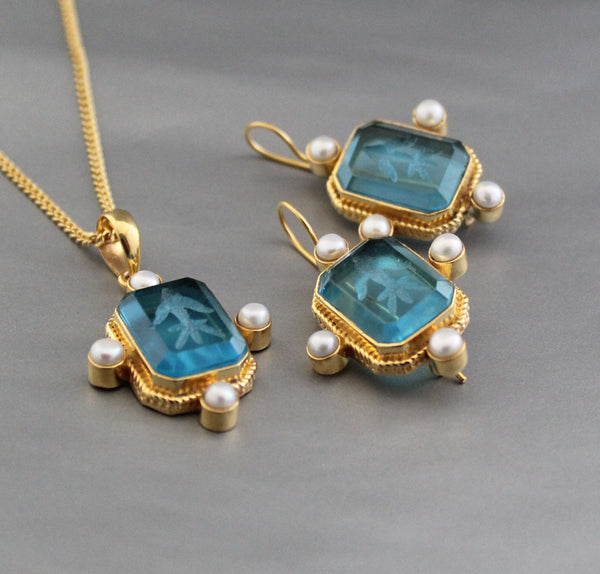 Blue Intaglio Pendant Necklace and Earrings Set, Vintage Cameo, 18K Gold Vermeil