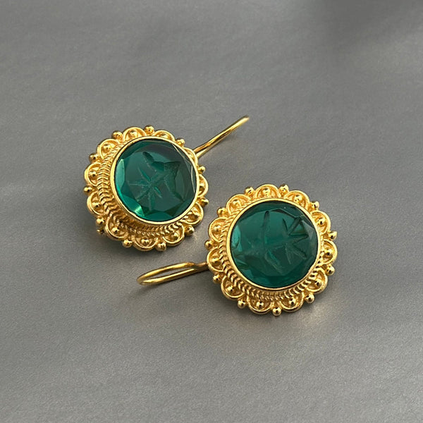 Green Glass Intaglio Earrings, Vintage Victorian Style