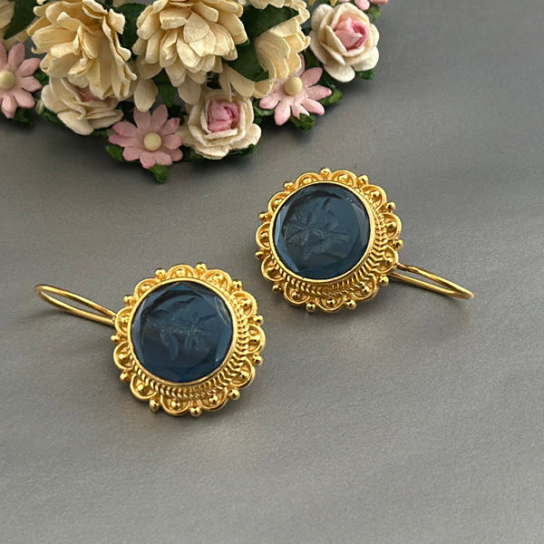 Small Blue Intaglio Earrings, Venetian Glass, Dainty Gold
