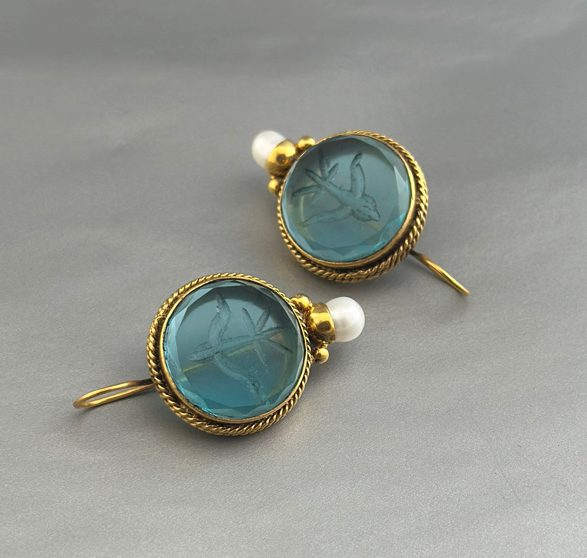 Blue Glass Intaglio Earrings, Vintage Style, Gold Vermeil, photo 6