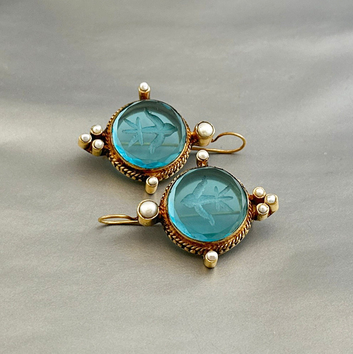 Blue Round Intaglio Earrings, Victorian Bridal Style, Gold Plated