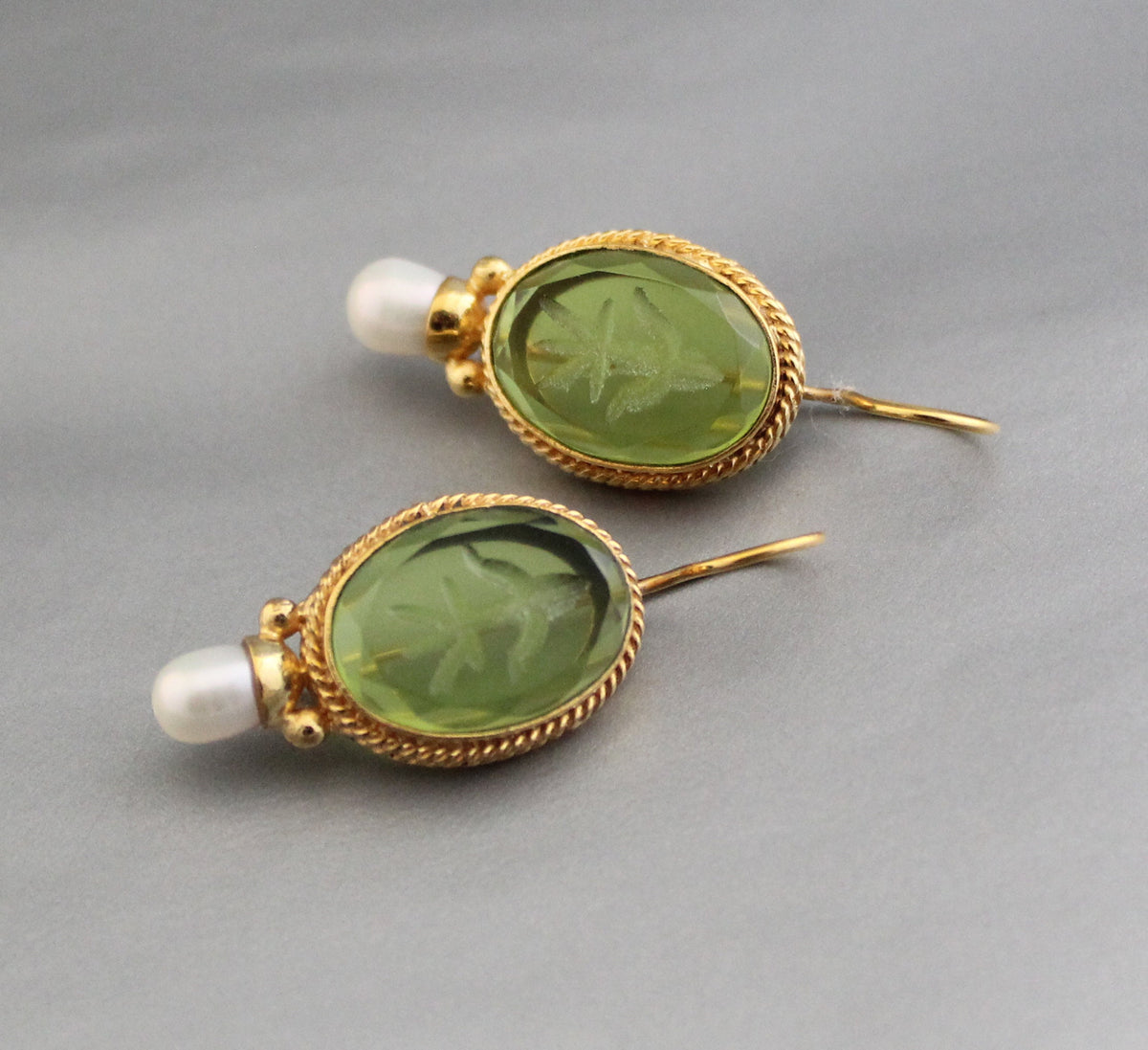 Green Intaglio Glass Earrings, Victorian Bridal Pearl Drops, 18K Gold Vermeil, photo 9