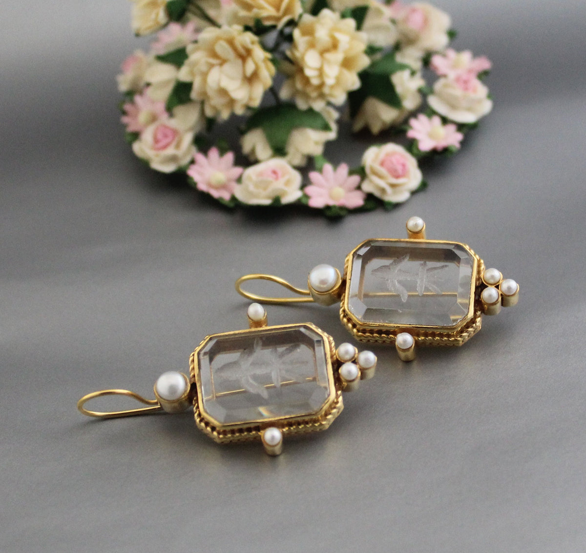 Intaglio Crystal Earrings, Edwardian Style, Brass with Pearls, photo 7