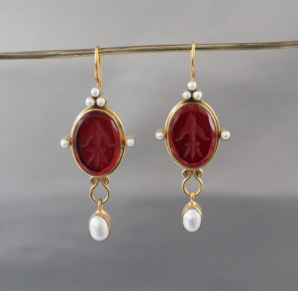 Red Intaglio Crystal Earrings, Bridal Statement, 14K Gold