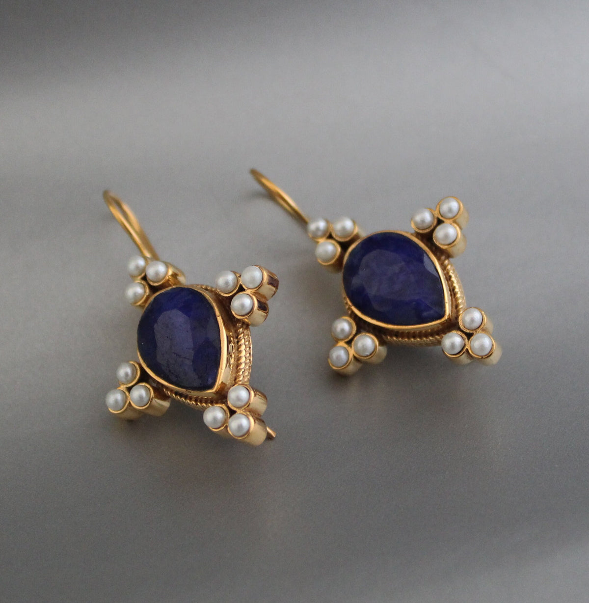 Sapphire and Pearl Earrings, Edwardian Art Deco Style, Gold, photo 4