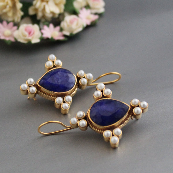 Sapphire and Pearl Earrings, Edwardian Art Deco Style, Gold