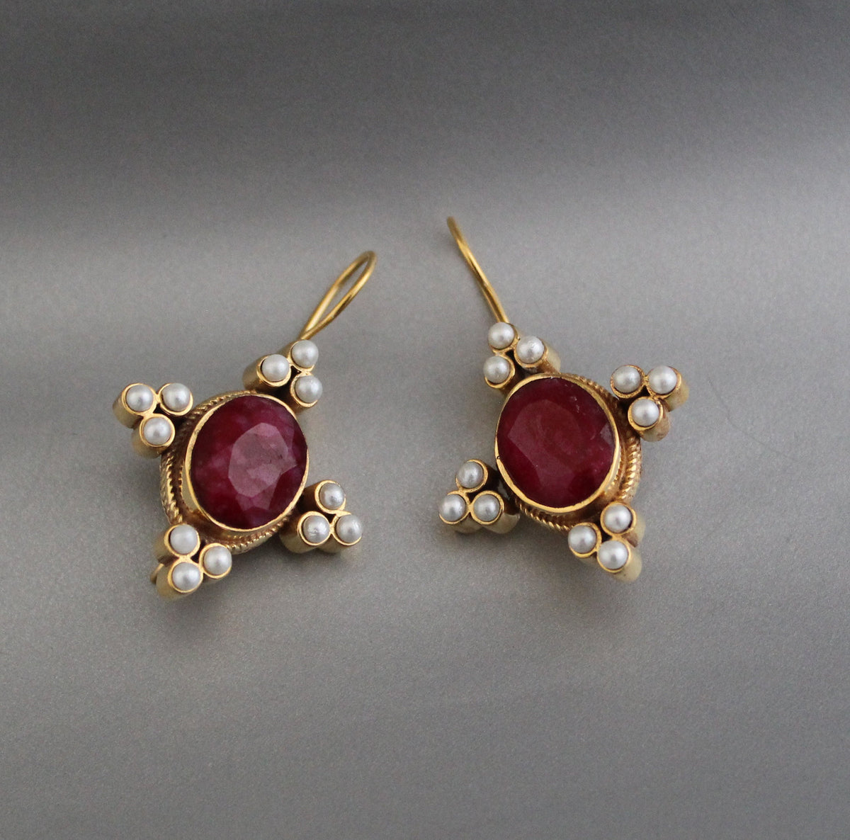 Ruby and Pearl Earrings, Edwardian Victorian Style, Art Nouveau Gold, photo 10