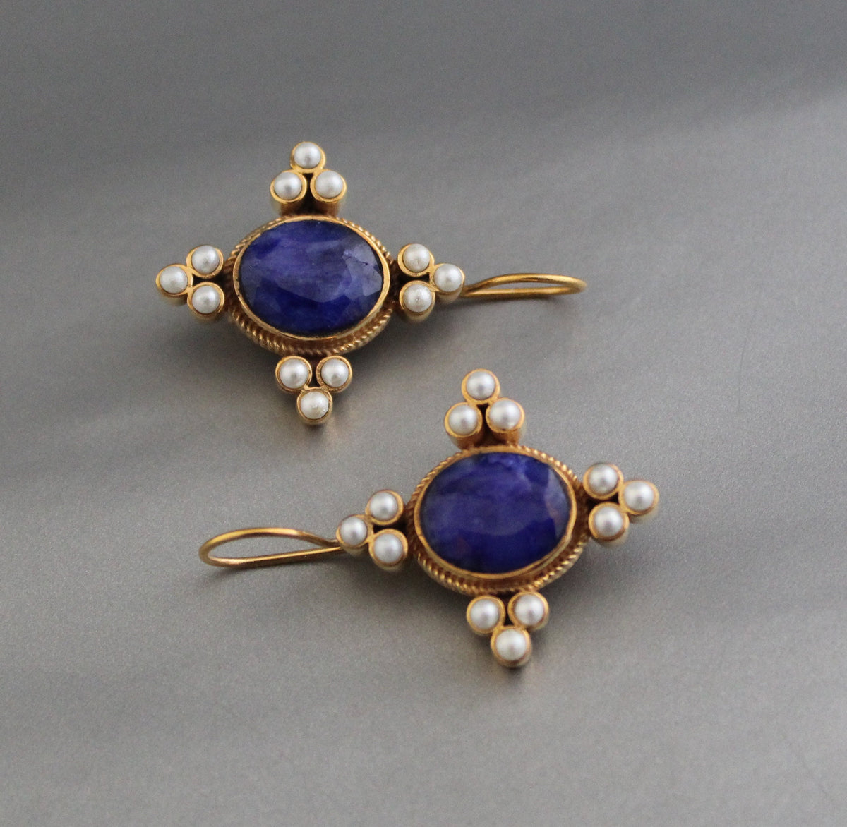 Blue Sapphire and Pearl Earrings, Regency Art Deco Style, 18K Gold Vermeil, photo 2