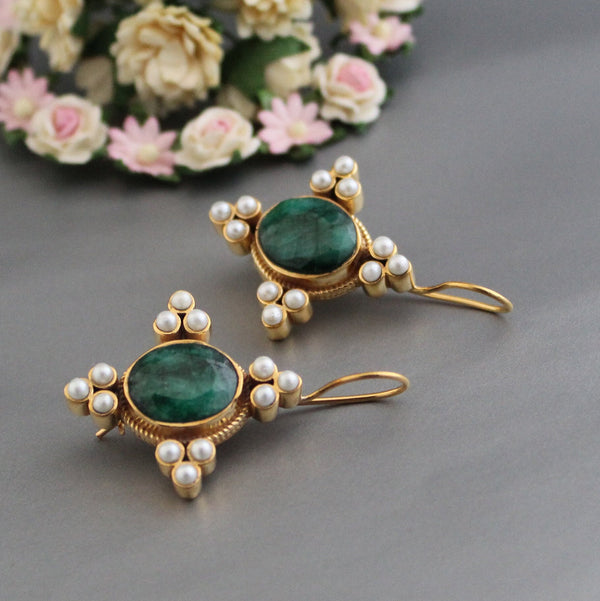 Emerald Oval Intaglio Earrings, 1920s Bridal Style, Gold