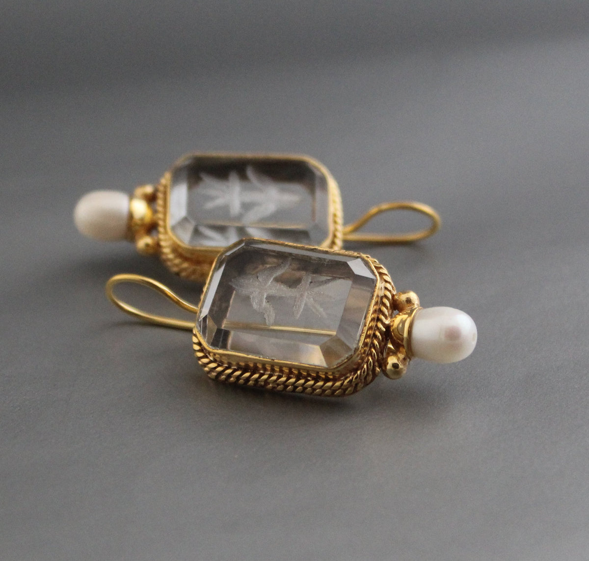 Intaglio Crystal Earrings, Victorian Style, Dainty Gold, photo 5
