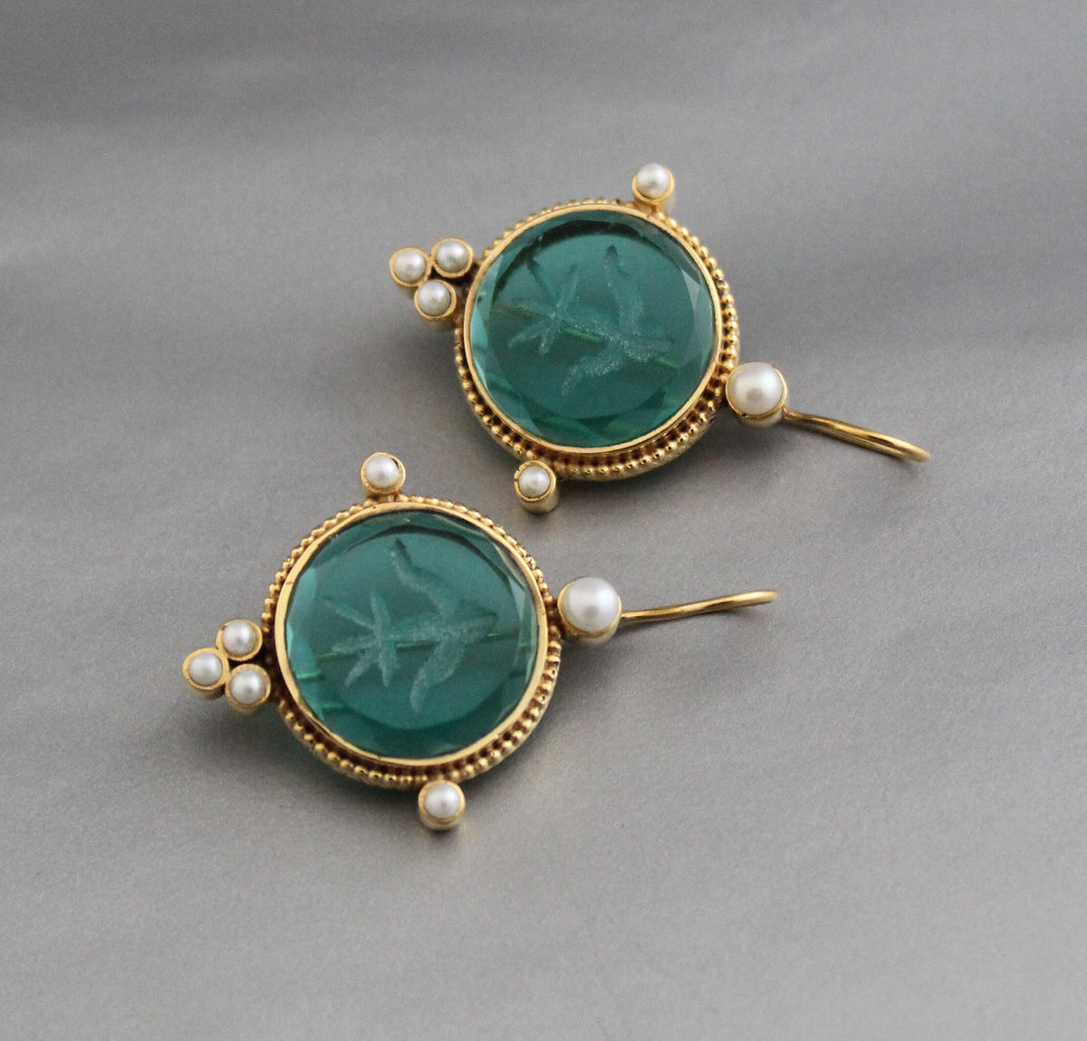 Intaglio Glass Earrings, Vintage Bridal Style, Brass with Pearls, photo 10