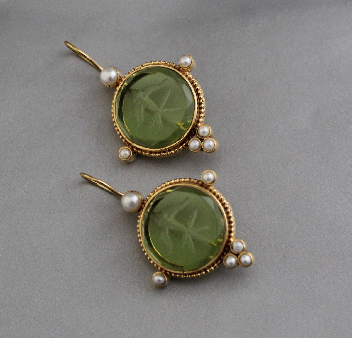 Green Glass Intaglio Earrings, Brass with Pearls, photo 7
