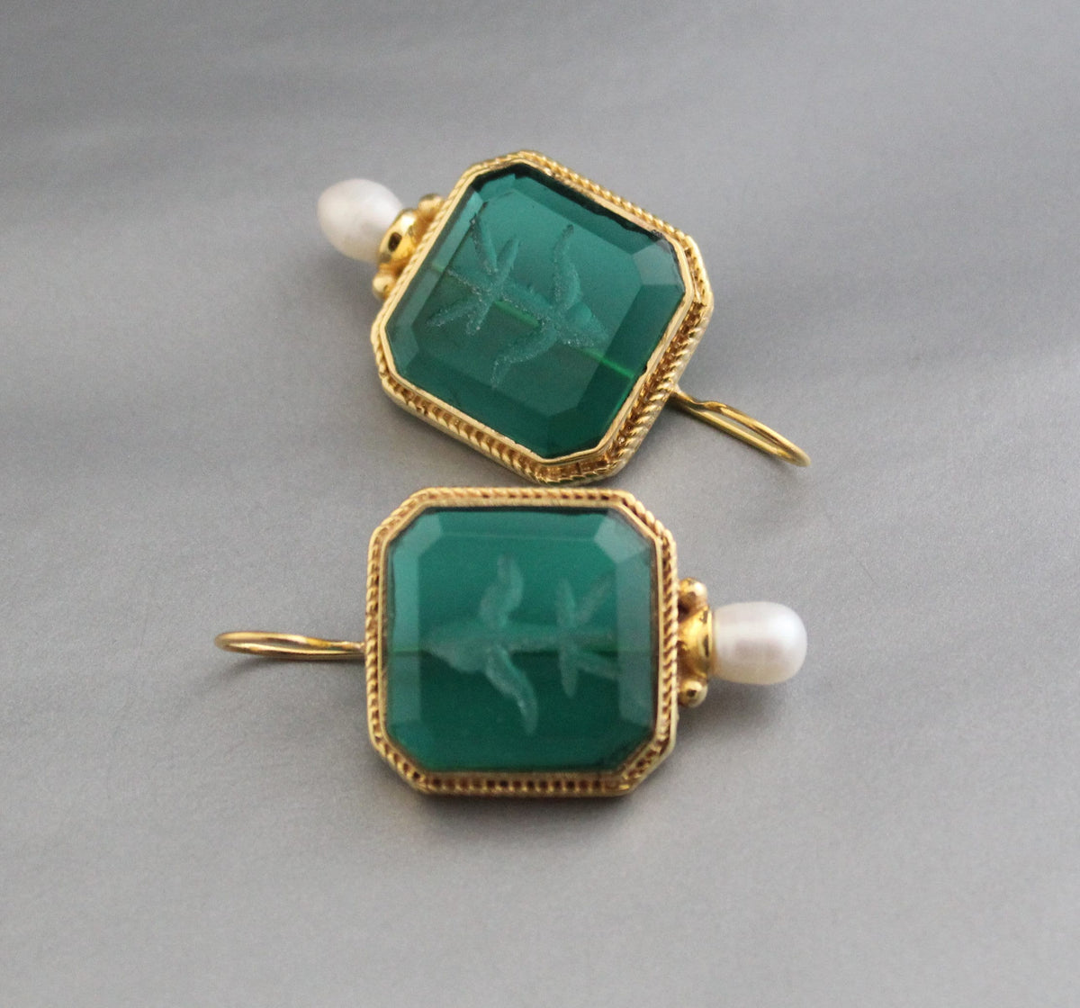 Green Glass Intaglio Drop Earrings, Art Deco Style with Pearl, photo 5