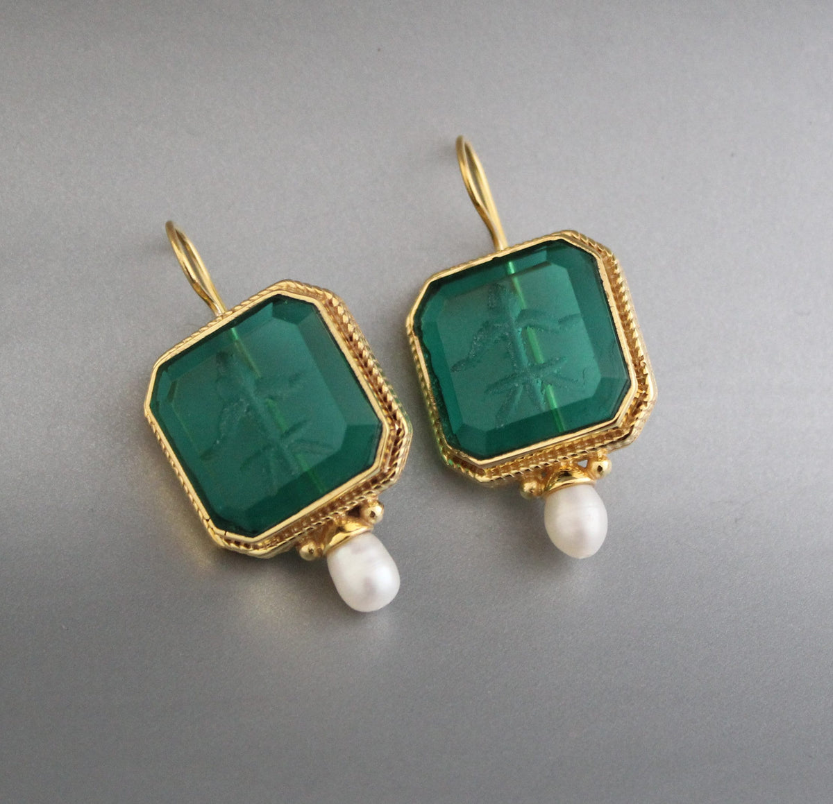 Green Glass Intaglio Drop Earrings, Art Deco Style with Pearl, photo 4