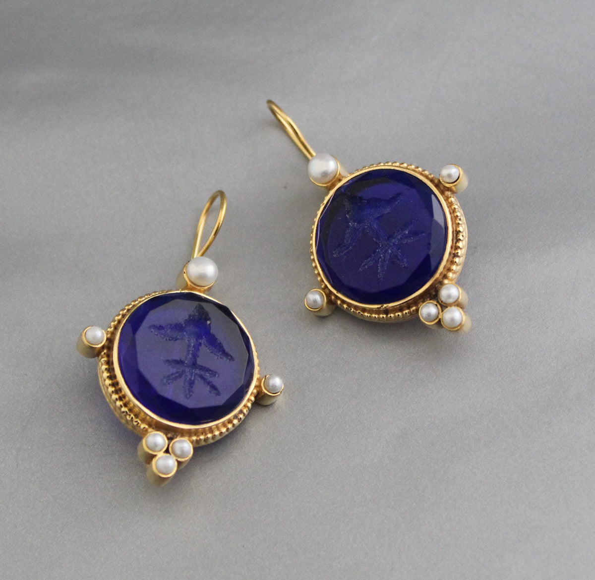 Indigo Blue Intaglio Earrings, Vintage Style, Gold Vermeil, photo 7