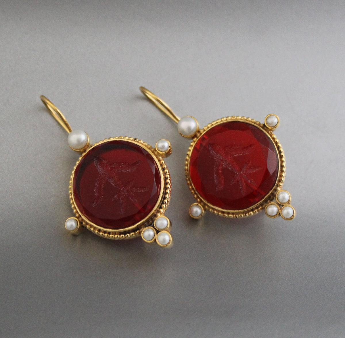 Red Glass Intaglio Earrings, Victorian Drops, Brass with Pearls, photo 5