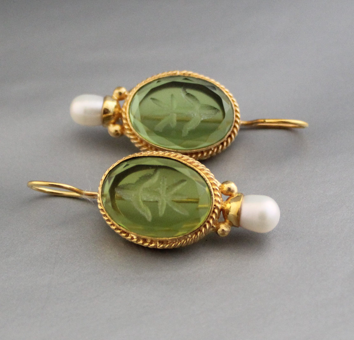 Green Intaglio Glass Earrings, Victorian Bridal Pearl Drops, 18K Gold Vermeil, photo 5
