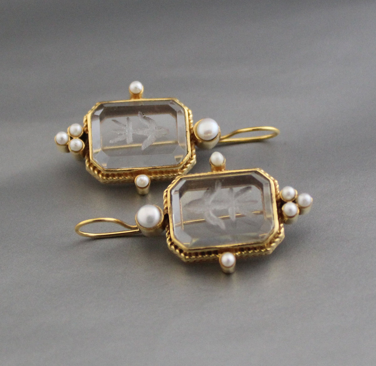 Intaglio Crystal Earrings, Edwardian Style, Brass with Pearls