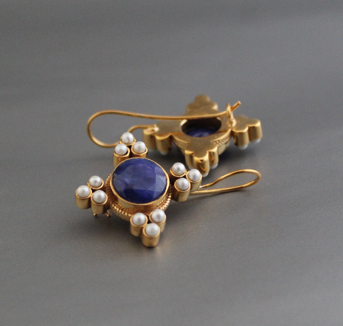 Sapphire and Pearl Earrings, Art Deco Style, 18K Gold Vermeil, photo 11