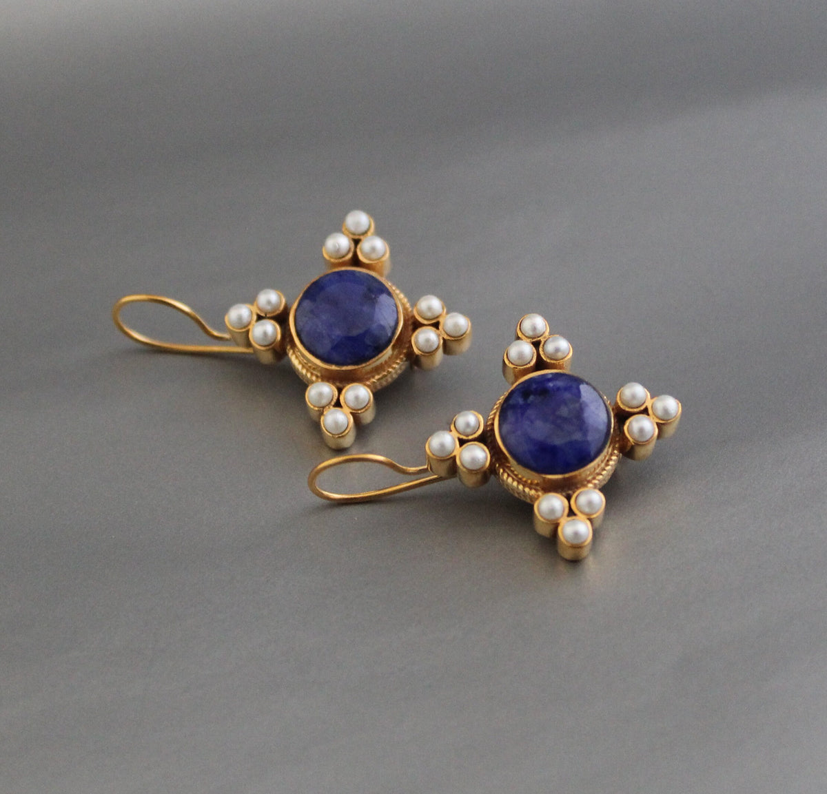 Sapphire and Pearl Earrings, Art Deco Style, 18K Gold Vermeil, photo 12