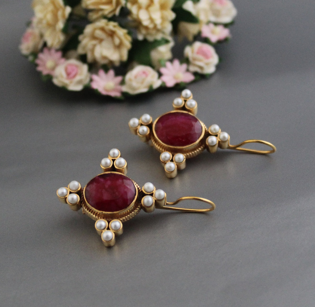 Ruby and Pearl Earrings, Edwardian Victorian Style, Art Nouveau Gold