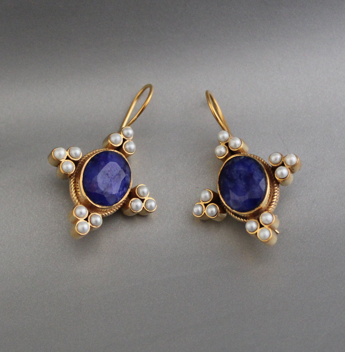 Blue Sapphire and Pearl Earrings, Regency Art Deco Style, 18K Gold Vermeil, photo 6