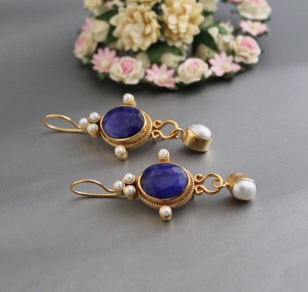 Sapphire Earrings, Art Nouveau Style, Gold