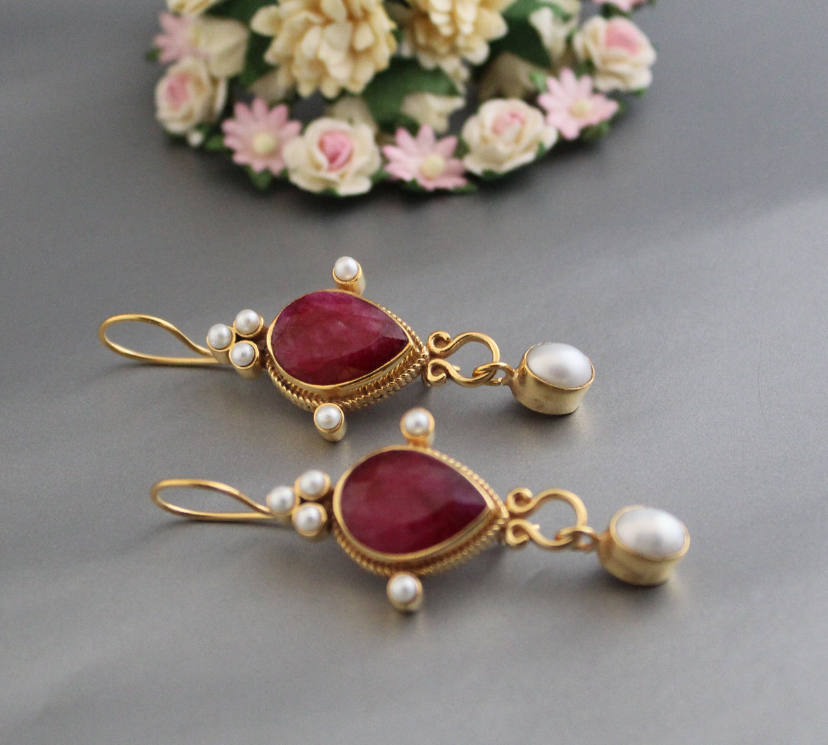 Ruby Earrings, Edwardian Style, Gold, photo 6