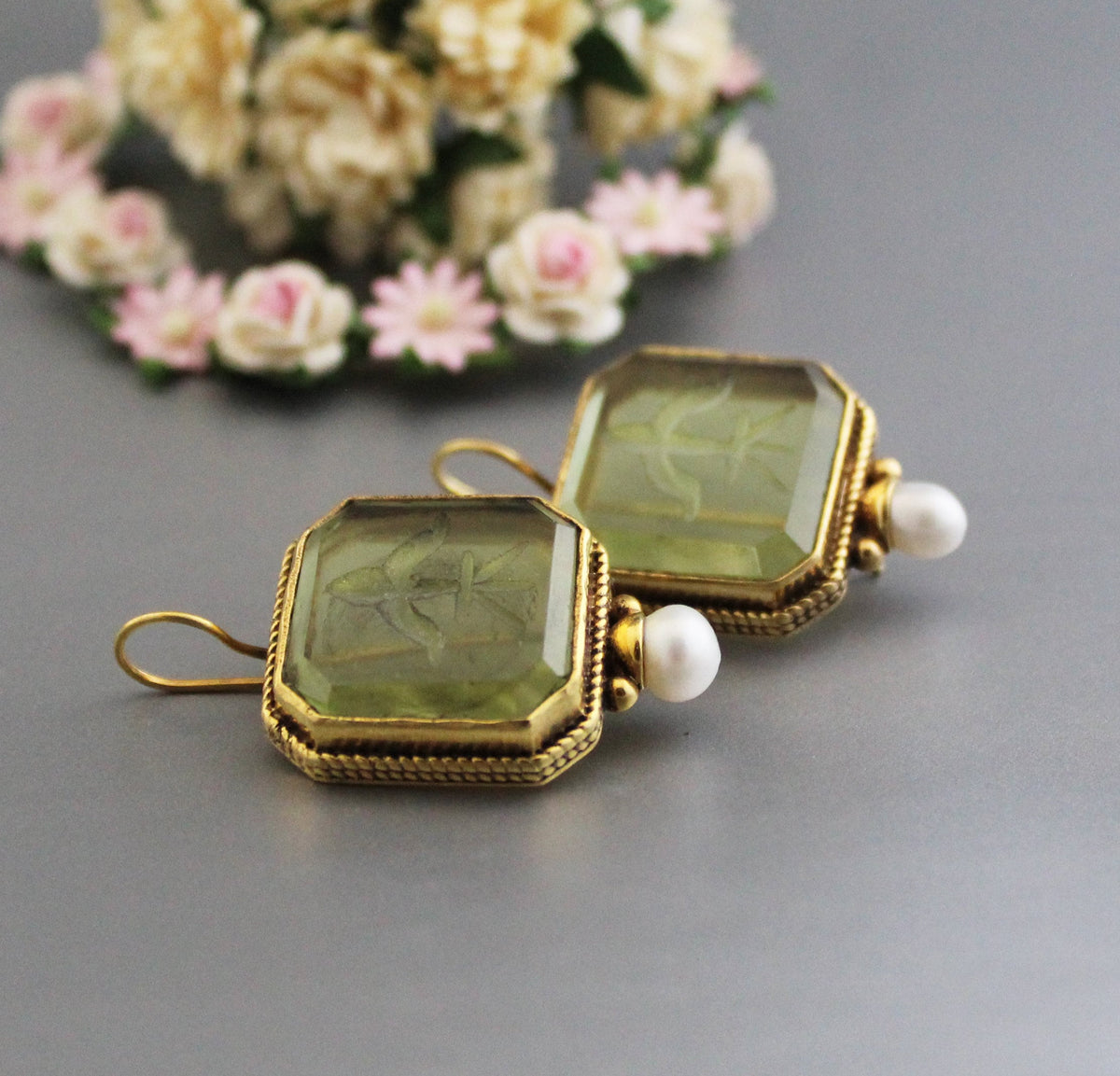Green Glass Intaglio Earrings, Victorian Style, 18K Gold