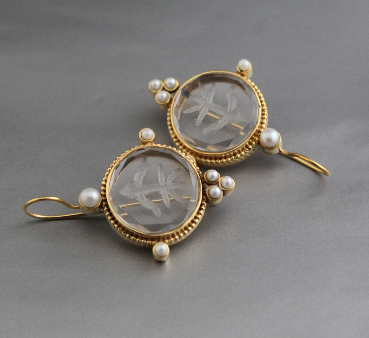 Clear Crystal Intaglio Earrings, 1920s Art Deco, 18K Gold