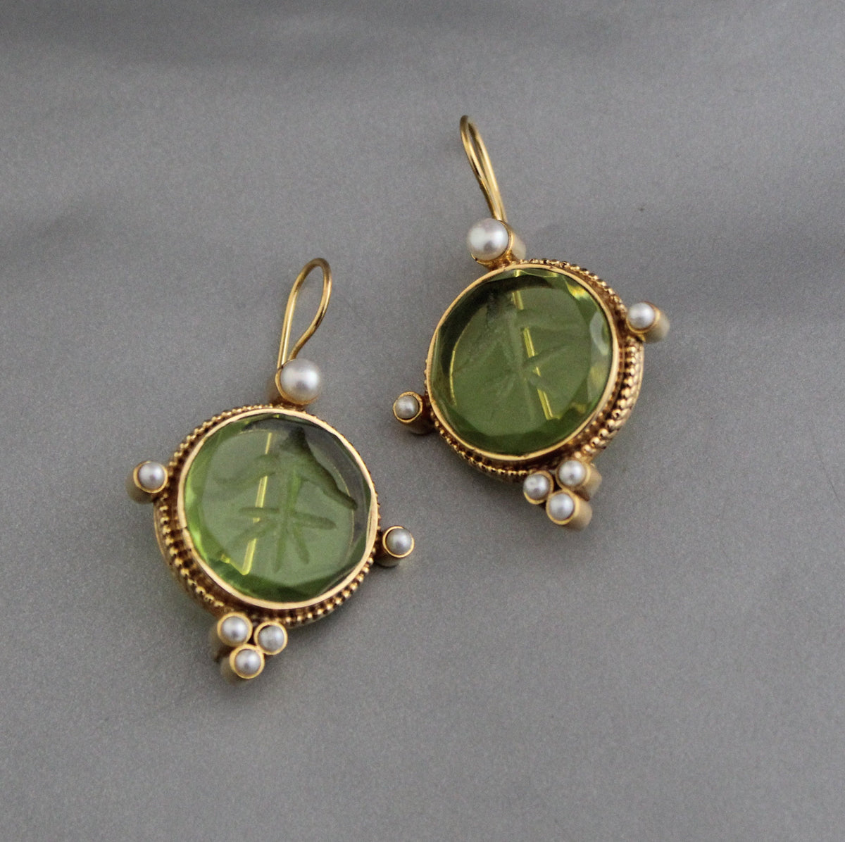Green Glass Intaglio Earrings, Brass with Pearls, photo 6