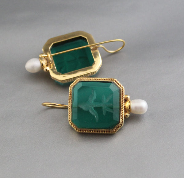 Green Glass Intaglio Drop Earrings, Art Deco Style with Pearl