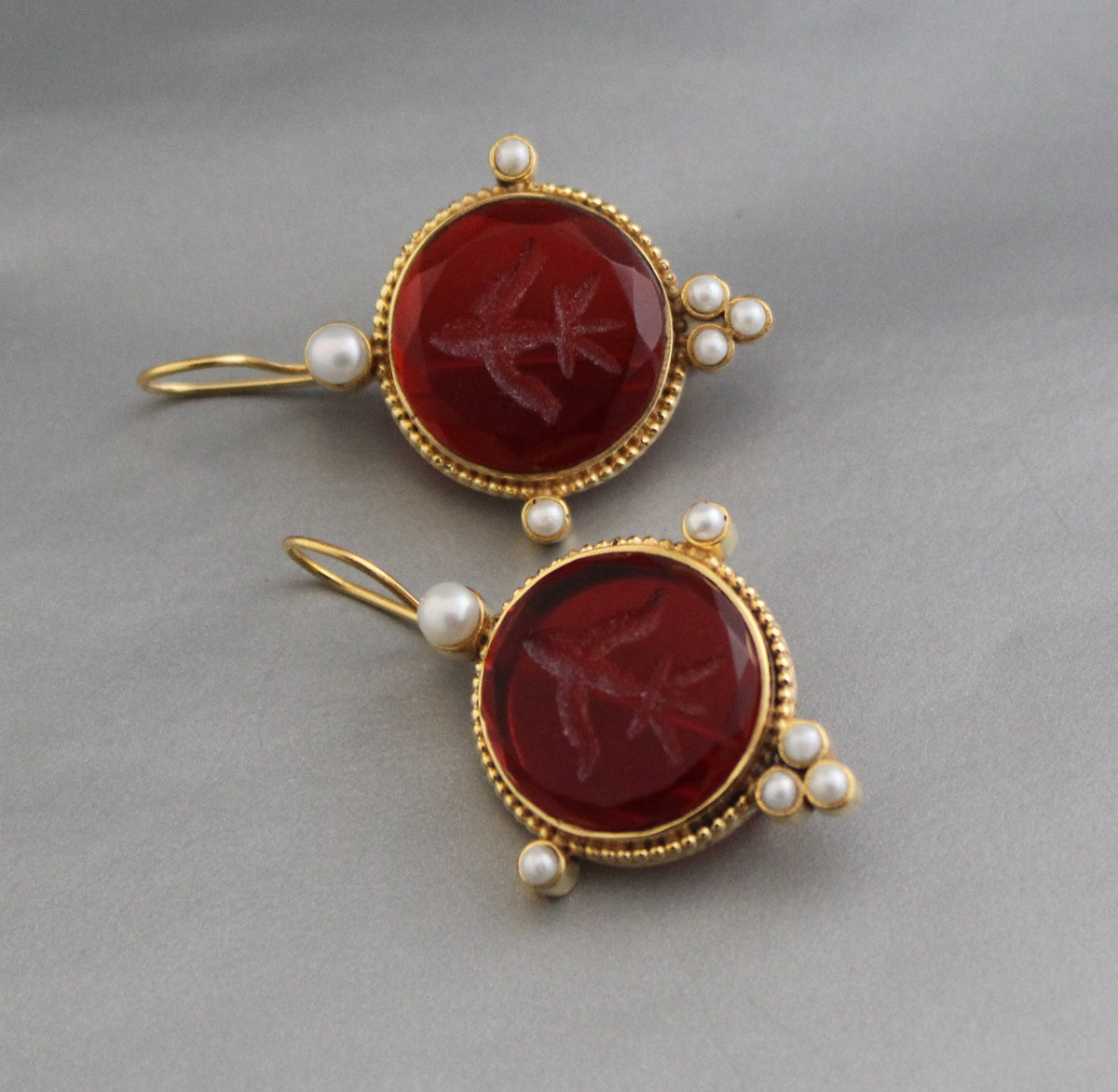Red Glass Intaglio Earrings, Victorian Drops, Brass with Pearls, photo 7