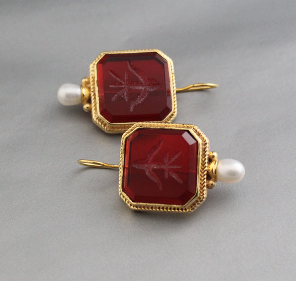 Red Glass Intaglio Hoop Earrings, Victorian Style, 14K Gold with Pearl