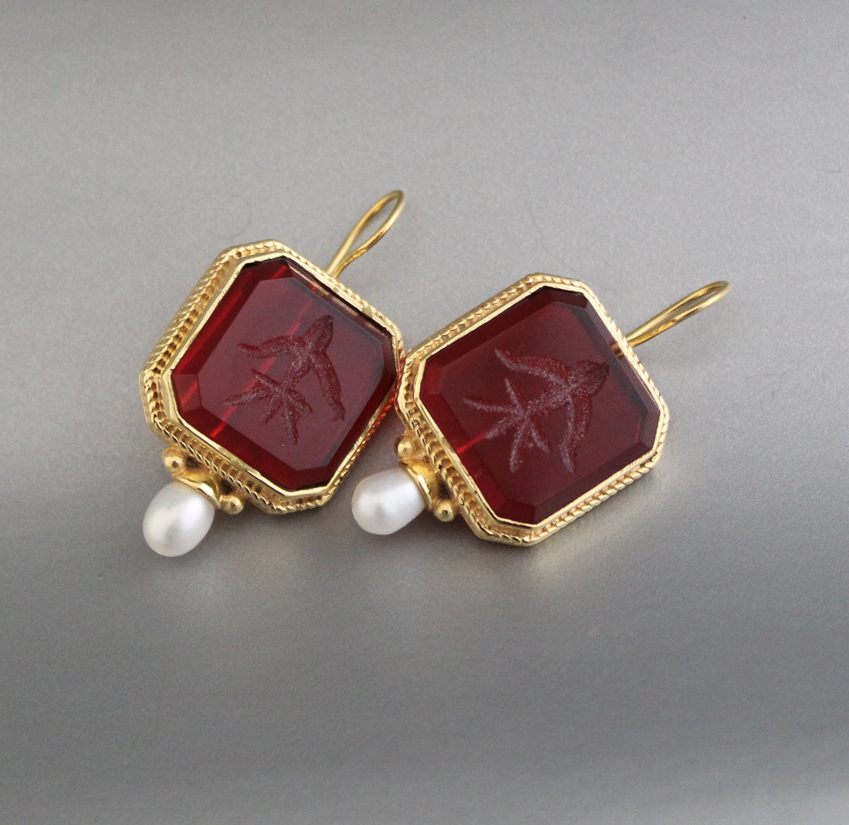 Red Glass Intaglio Hoop Earrings, Victorian Style, 14K Gold with Pearl, photo 6