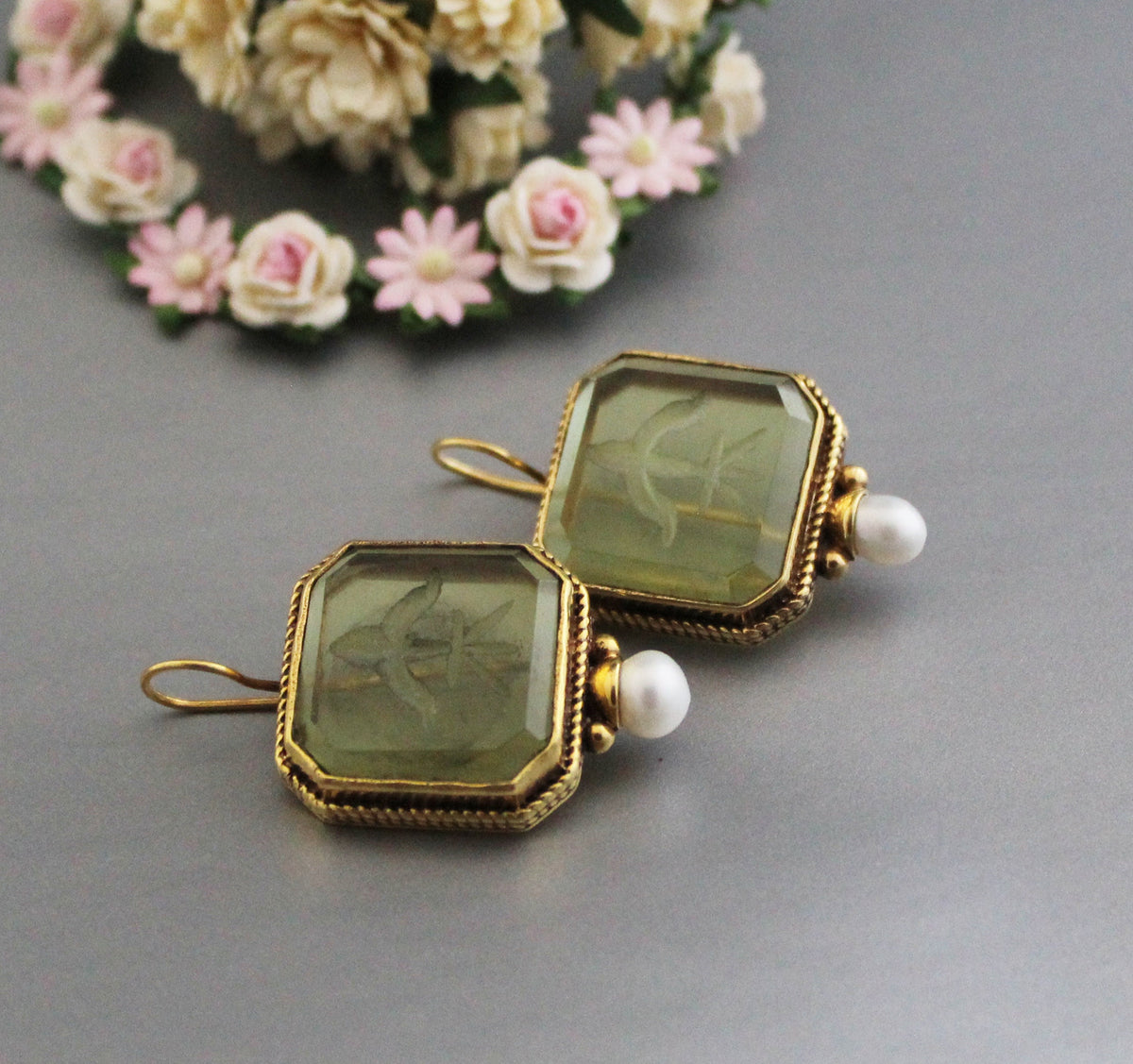 Green Glass Intaglio Earrings, Victorian Style, 18K Gold, photo 6