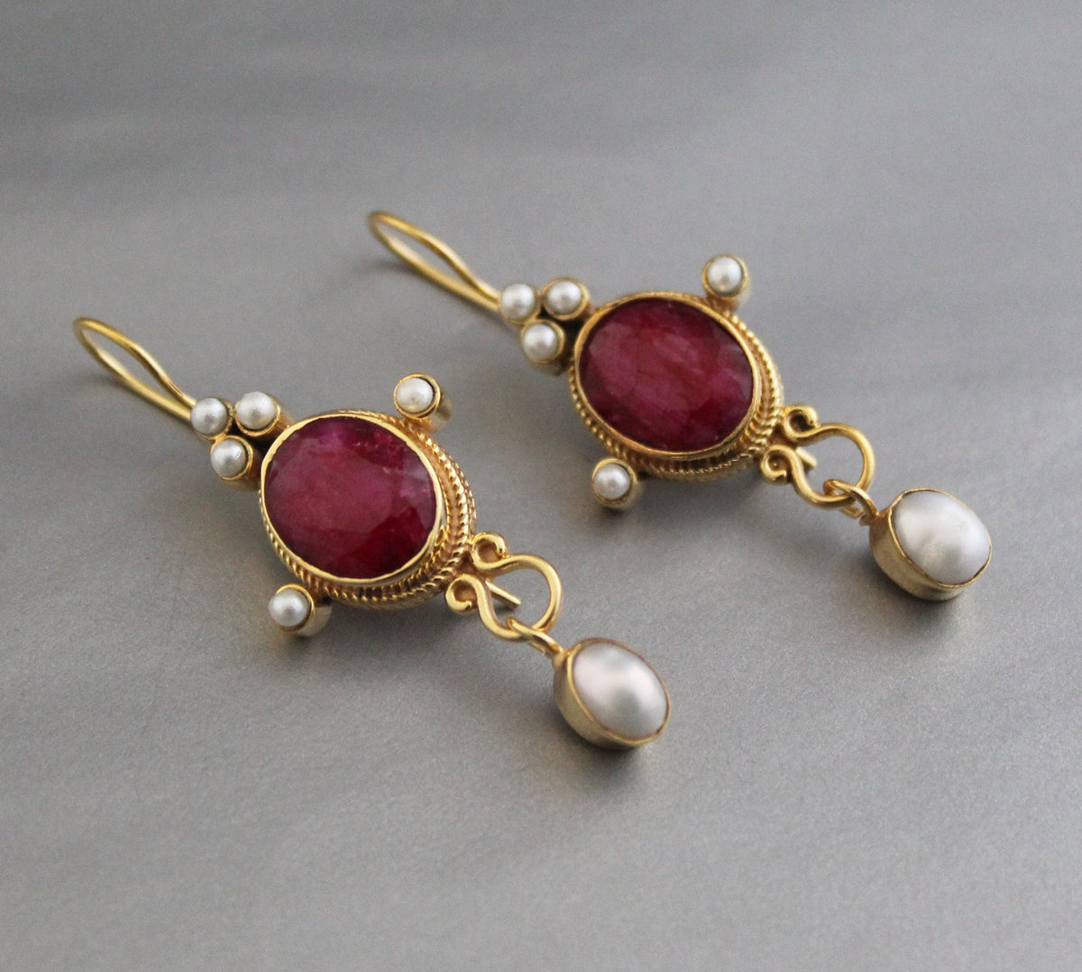 Ruby and Pearl Gold Earrings, Edwardian Art Nouveau Style