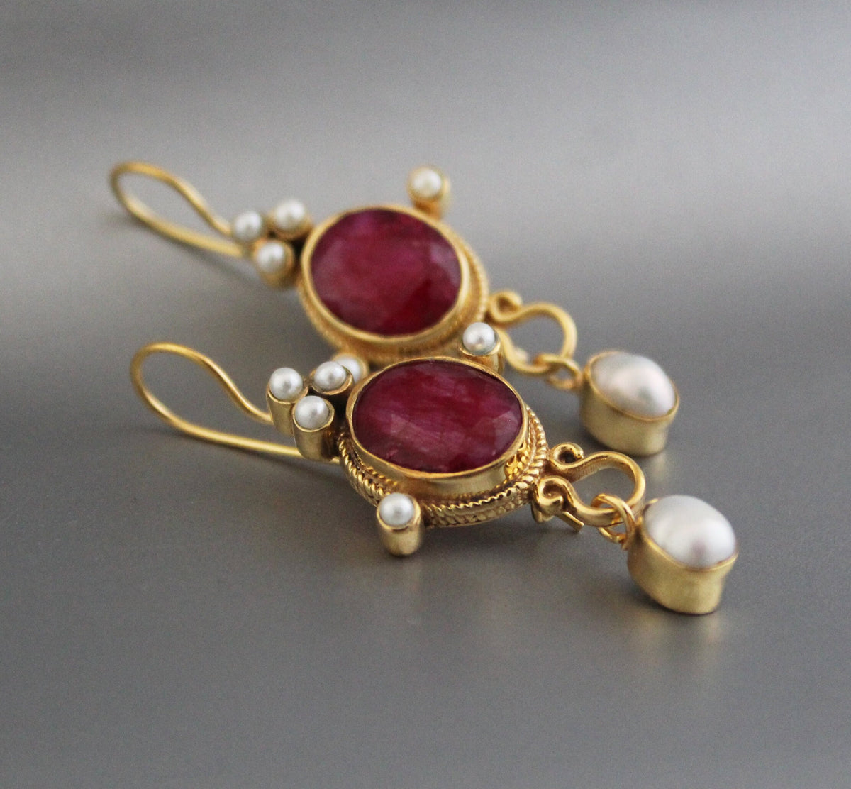 Ruby and Pearl Gold Earrings, Edwardian Art Nouveau Style, photo 7