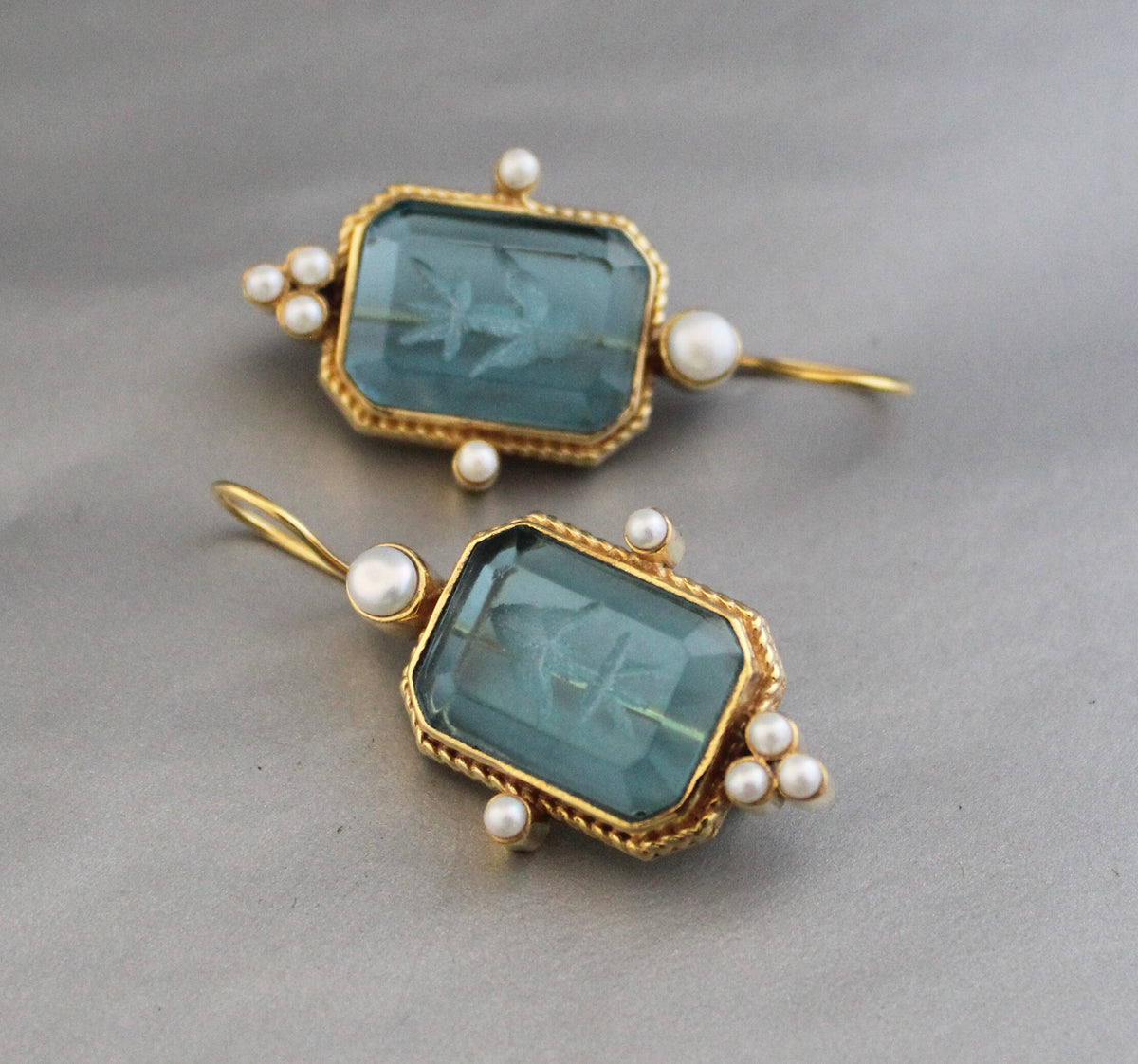 Blue Topaz Intaglio Crystal Earrings, Vintage Cameo Style, photo 2
