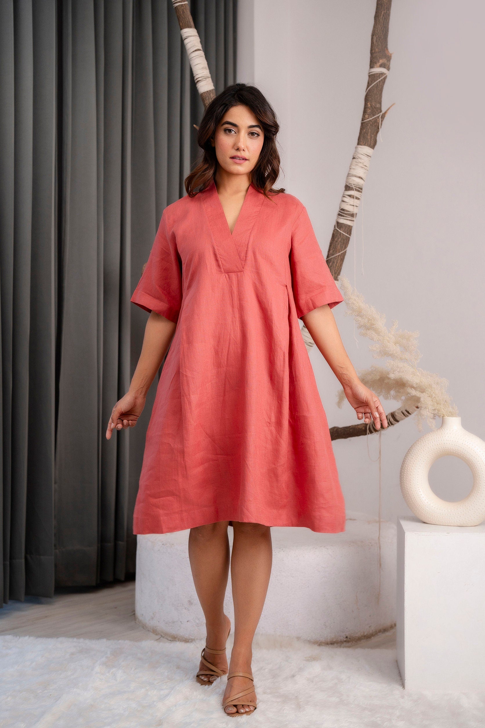 Knee-Length Linen Tunic Dress, Loose Fit