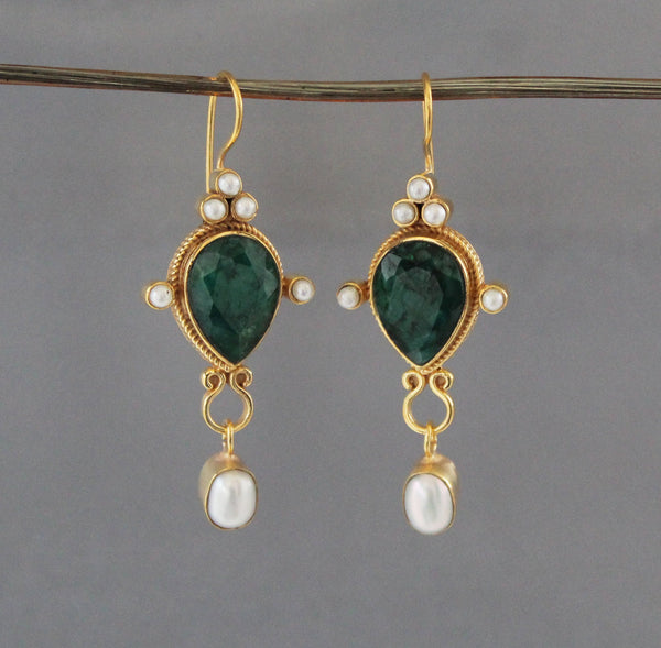 Emerald Earrings, Edwardian Style, Gold