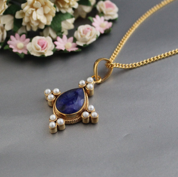 Blue Sapphire Pearl Necklace, Victorian Style Pendant, Brass
