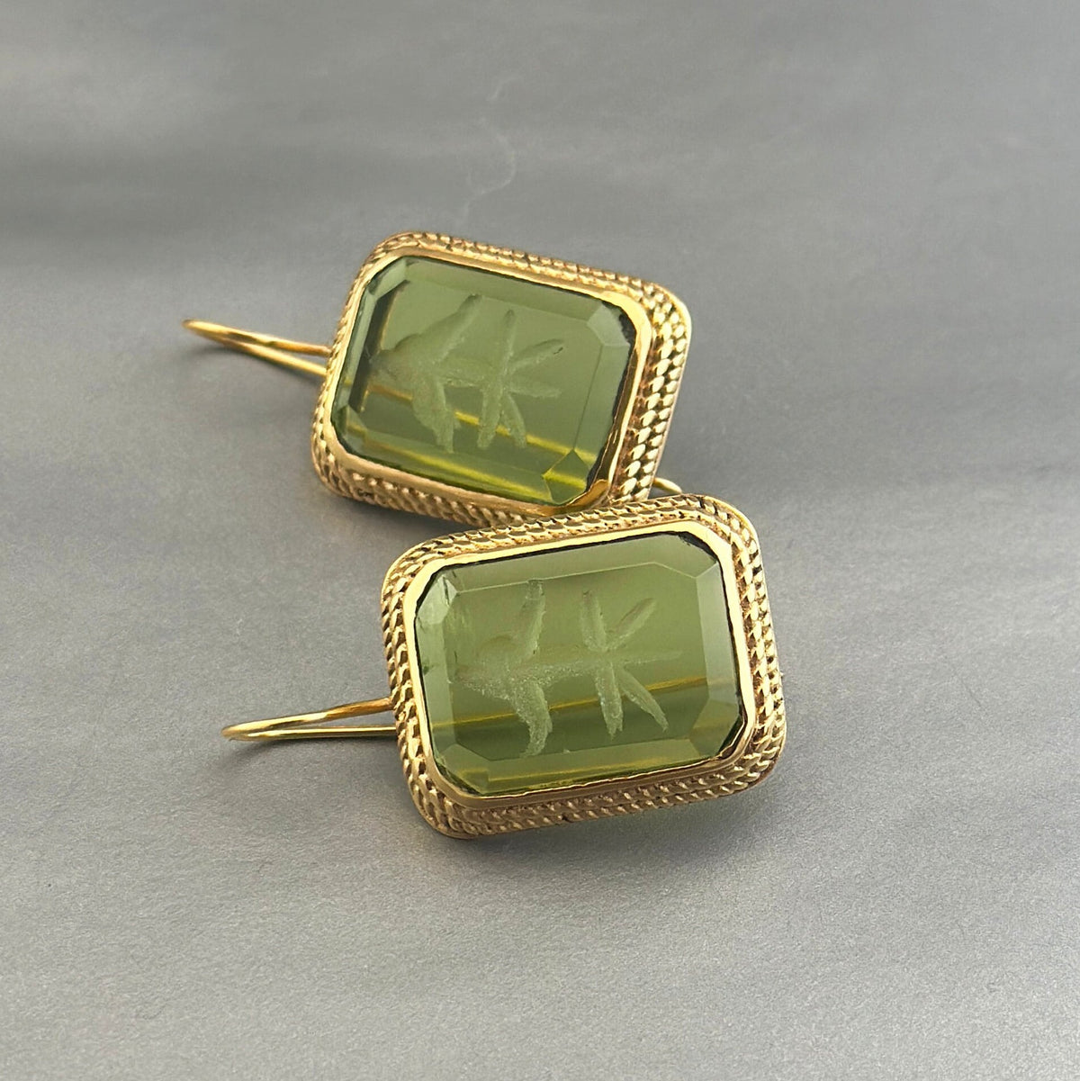 Green Glass Intaglio Earrings, Edwardian Art Deco Style, 18K Gold, photo 8
