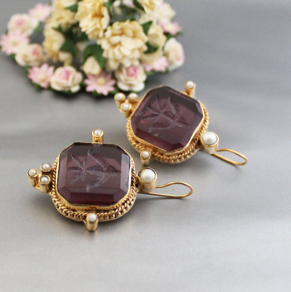 Purple Intaglio Glass Earrings, Victorian Style, Brass with Pearls
